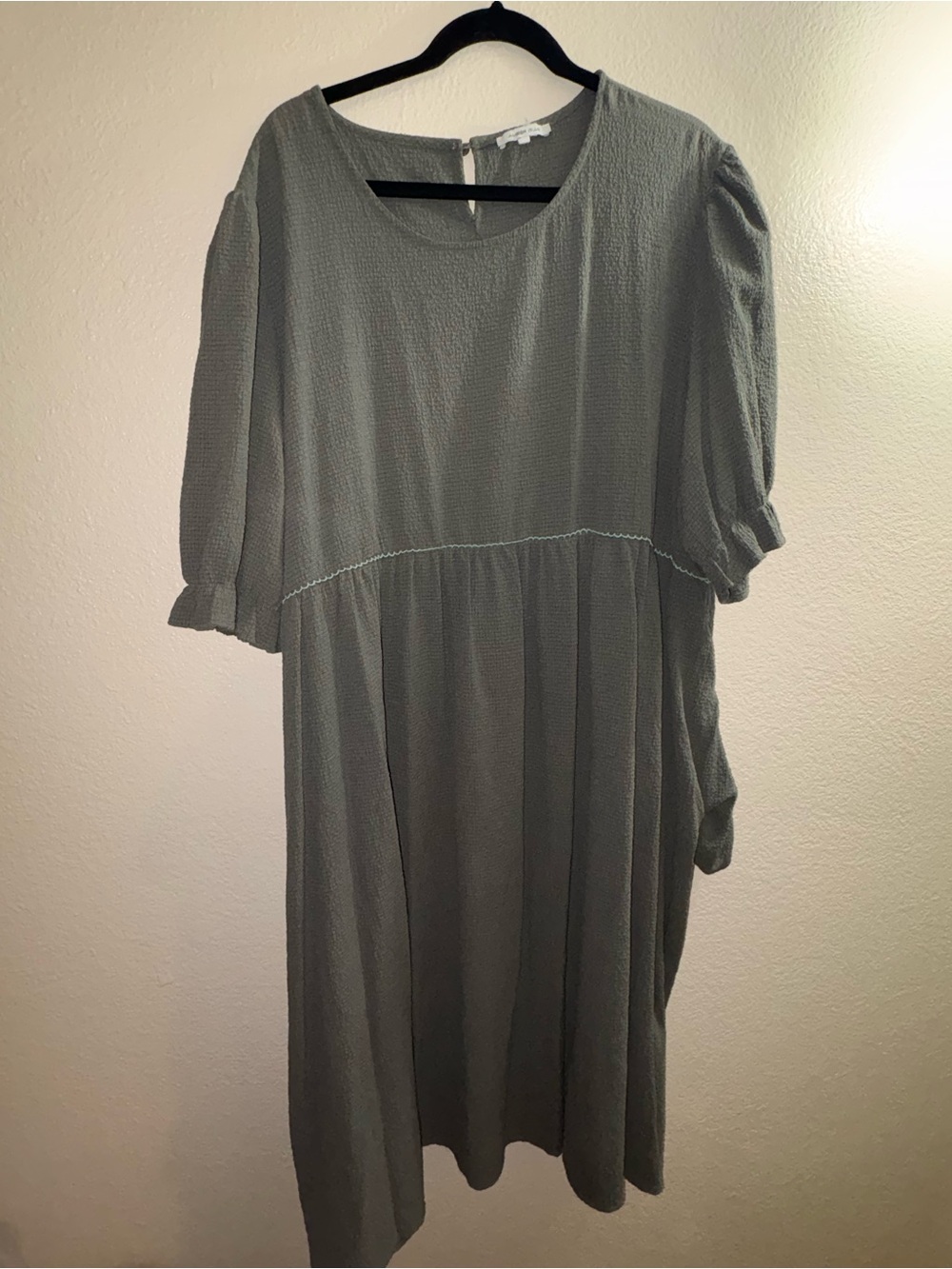 Sage Green Textured Midi Dress with Puff Sleeves